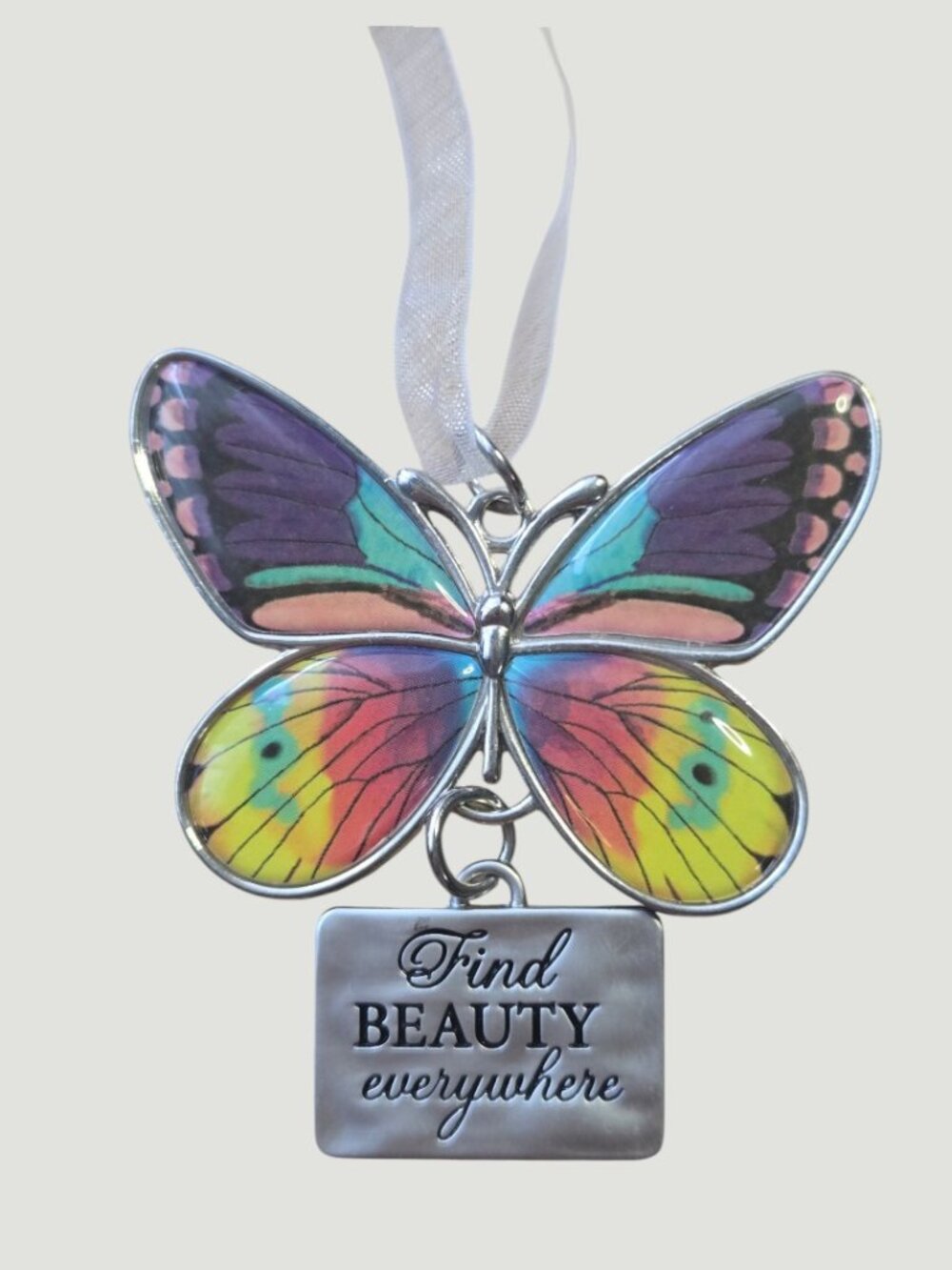 Colorful Butterfly Ornament with Ribbon – “Find Beauty Everywhere” Charm